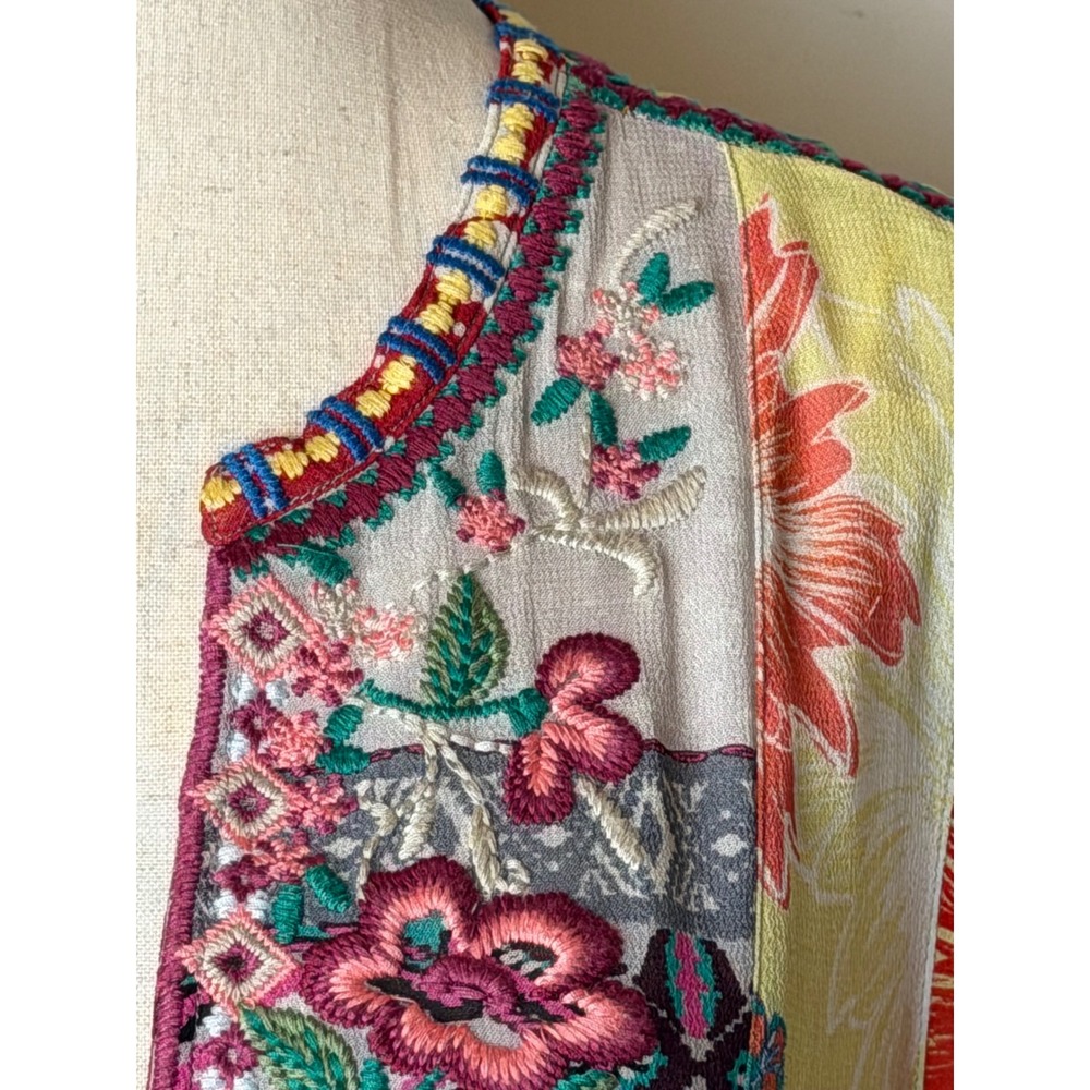 John Mark Duster Kimono Women Medium Yellow Floral Patchwork Embroidered Boho - Picture 9 of 14